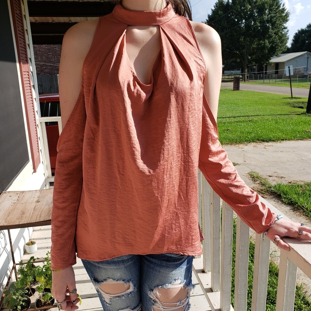 🔴 Terra Cotta Polyester Cold Shoulder Blouse,Sz M